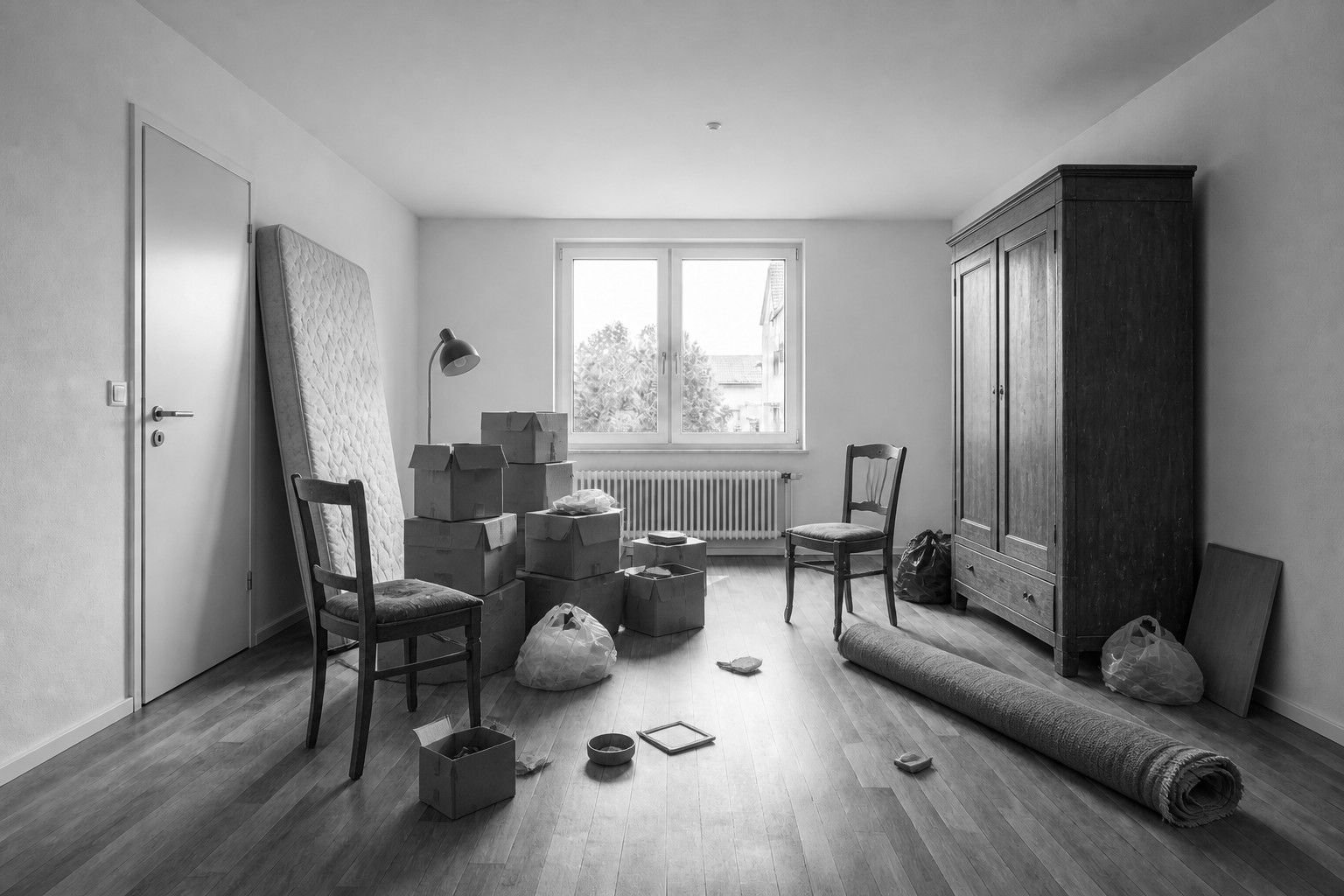 La même pièce avant le débarras : cartons, armoire, matelas et objets au sol