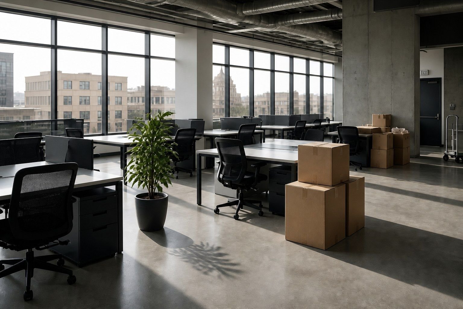 Un bureau en open space avec des postes de travail et des cartons